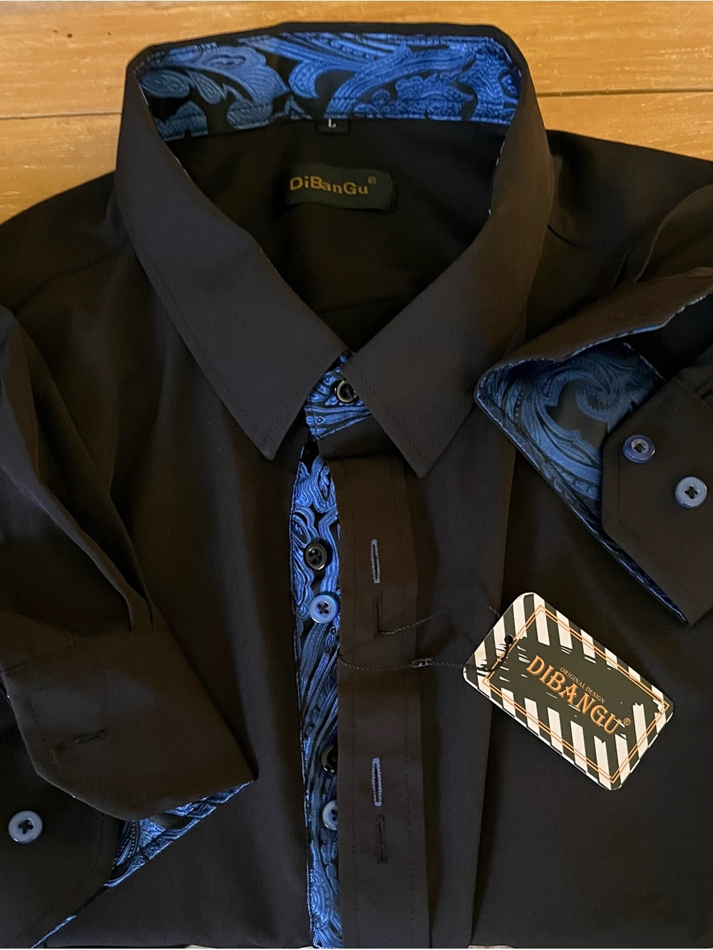 DiBanGu Button Down Shirt Black Blue Splicing Long Sleeve Shirt For Men